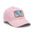 Empire State watercolor skyline baseball cap in white with light brown patch.