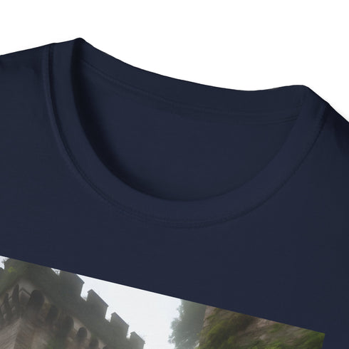 Charcoal cotton crew neck T-shirt with medieval textured vibrant ivy design