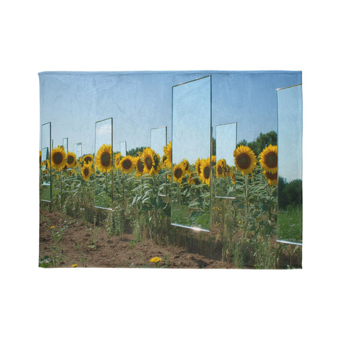 Sunflower Field with Floating Mirrors — Plush Fleece Throw Blanket — 300 GSM Plush Coral Fleece Texture Close-Up