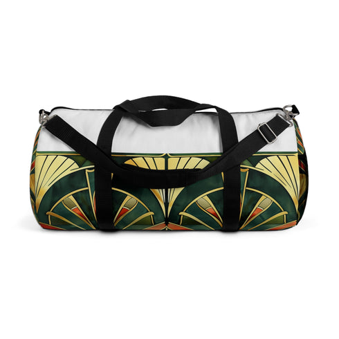 Art Deco inspired abstract patterned duffel bag for stylish travelers.