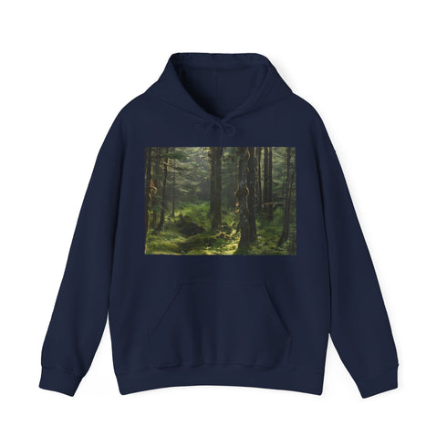 Serene navy hoodie with Alaskan wilderness illustration for men and women.