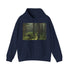 Serene navy hoodie with Alaskan wilderness illustration for men and women.