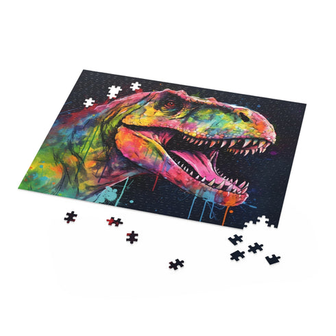 Vibrant watercolor puzzle featuring neon T-Rex, 10" x 8" size.
