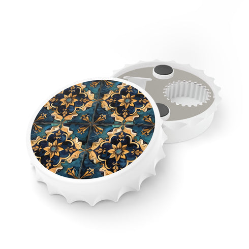 Artisan tiles white bottle opener with intricate tile designs.