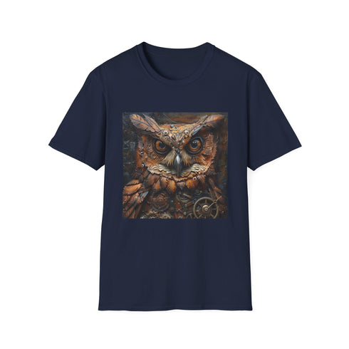 Steampunk owl design charcoal t-shirt with intricate gears and cogs.