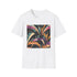 Charcoal cotton t-shirt with vibrant abstract art deco patterns