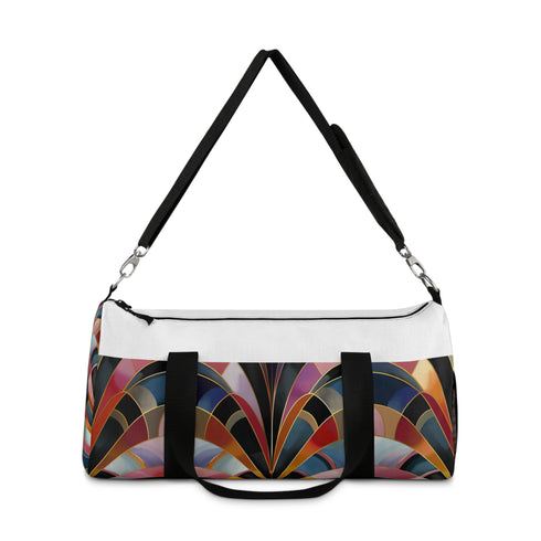 Vibrant abstract art deco patterned duffel bag for trendy weekend getaways.