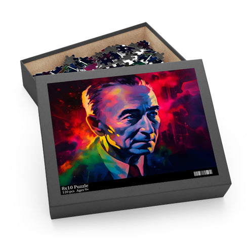 Vibrant neon watercolor Robert Oppenheimer puzzle for art and history lovers.