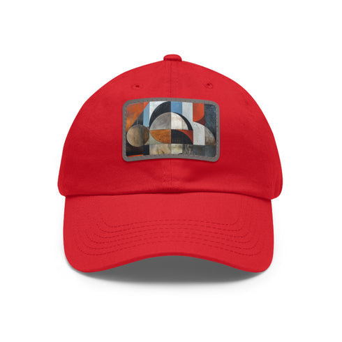 Geometric white baseball cap with light brown rectangle patch.