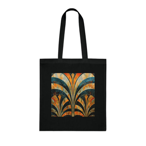 Geometric black cotton tote bag with abstract art deco pattern.
