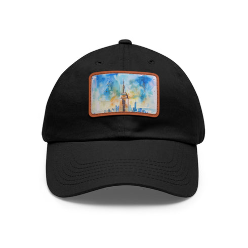 Empire State skyline watercolor cap with rectangle patch in white.