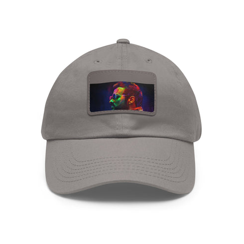 George Michael neon watercolor cap in white with light brown patch.