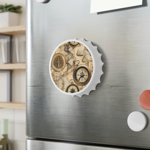 Vintage map themed bottle opener in white with detailed cartography pattern.