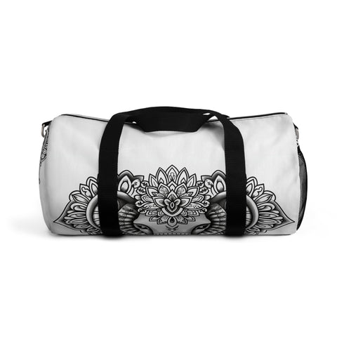 Ornate mandala elephant duffel bag with intricate details, USA-made.