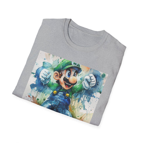 Charcoal cotton T-shirt featuring Luigi with Poltergust for spooky-fun style