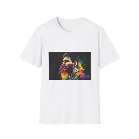 Vibrant charcoal t-shirt featuring vivid watercolor neon football legend graphic
