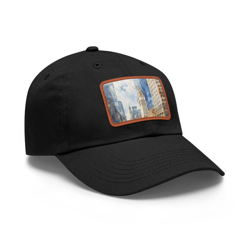 White cotton Chicago skyline baseball cap with light brown rectangle patch.