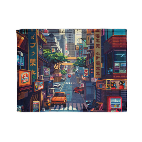 Pixel Paradise Blanket with retro gaming pixel art design in vibrant colors.