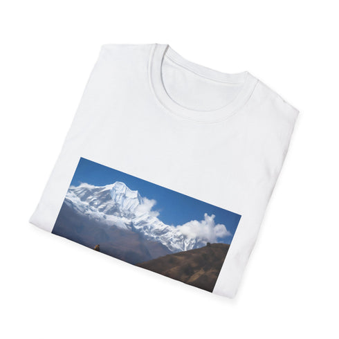 Pathways to Serenity Himalayas Embrace T-Shirt in Charcoal and S Size.