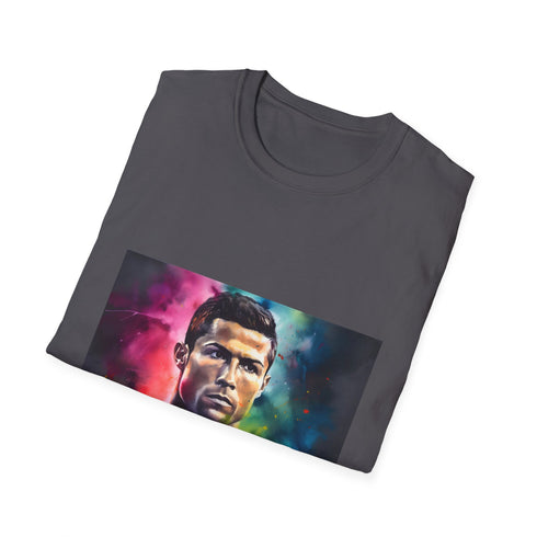 Neon radiant football icon on charcoal cotton crew neck mens T-shirt