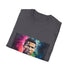 Neon radiant football icon on charcoal cotton crew neck mens T-shirt