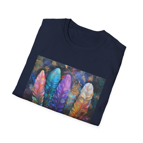 Charcoal bohemian feather cotton T-shirt with whimsical summer design
