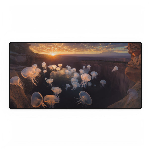 Sunset Canyon with Floating Bioluminescent Jellyfish (Edition II) — XL & XXL Desk Mat — Full Top-Down Artwork View