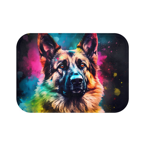 German Shepherd bath mat with loyal dog design for bathroom décor.