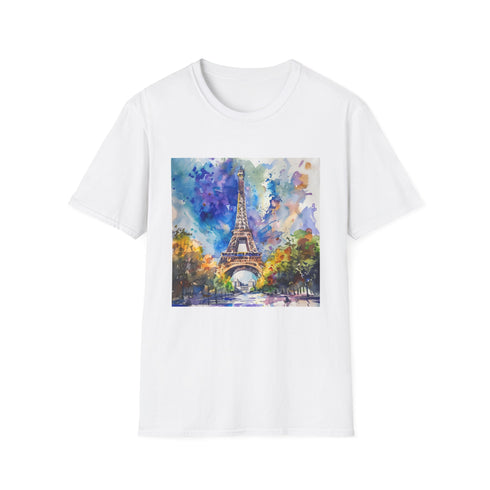 Parisian skyline Eiffel Tower watercolor t-shirt, charcoal, mens size small.