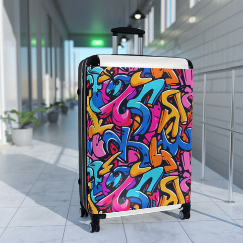 Neon graffiti patterned black suitcase set for travel accessories.