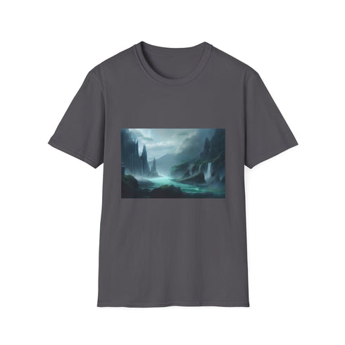 Charcoal cotton crew neck T-shirt with fantasy landscape graphic
