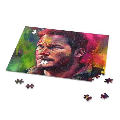 Chris Pratt watercolor neon puzzle, vibrant 120-piece challenge for all ages