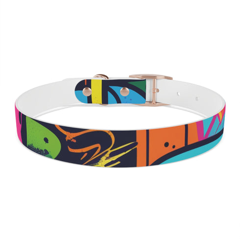 Vibrant neon graffiti dog collar for urban walk-ready pets.