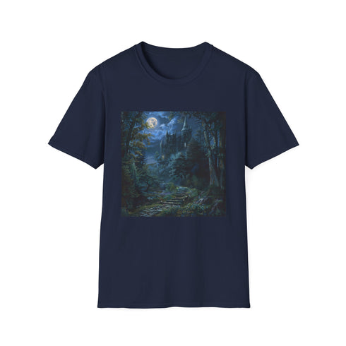 Charcoal crew neck T-shirt with moonlit castle forest graphic