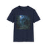 Charcoal crew neck T-shirt with moonlit castle forest graphic