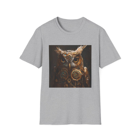 Steampunk owl graphic charcoal t-shirt with soft breathable cotton fabric