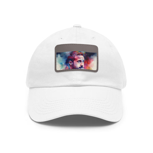 Ryan Gosling watercolor cotton baseball cap, white/light brown patch, rectangle shape.