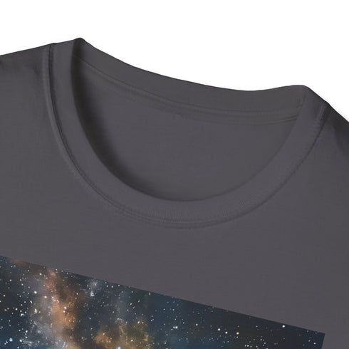 Charcoal crew neck t-shirt with vibrant Milky Way night sky painting