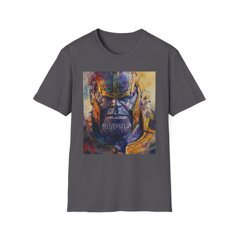 Charcoal cotton T-shirt featuring vibrant Thanos portrait and summer-ready crew neck