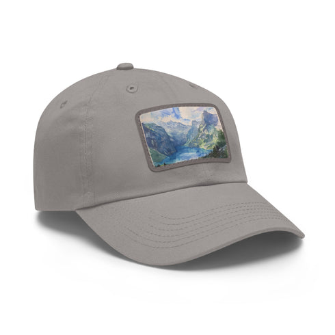 Swiss Alps watercolor baseball cap White/Light Brown patch, rectangular shape.