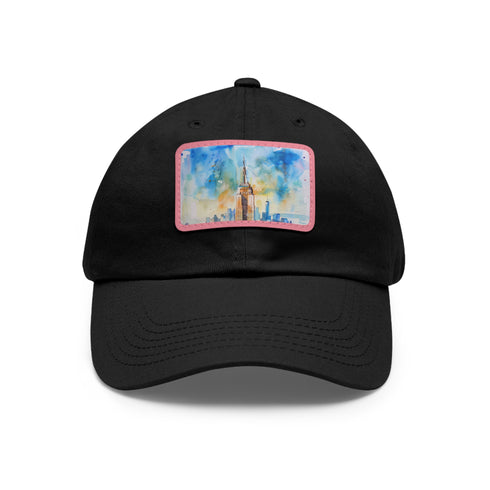 Empire State skyline watercolor cap in white with light brown patch.