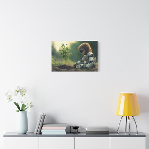 A Robot Child Planting a Real Tree Stretched Canvas Wall Art
