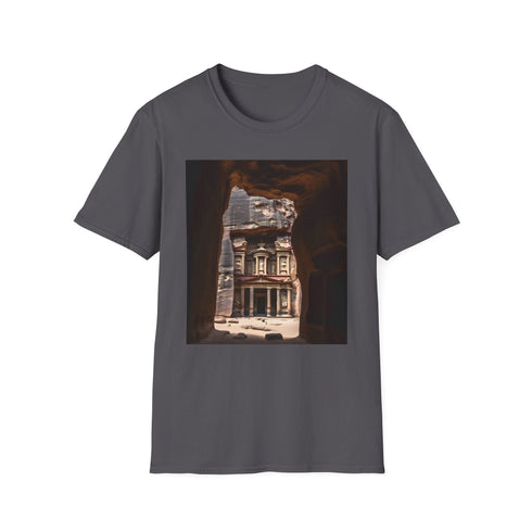 Charcoal cotton T-shirt with crew neck featuring ancient Petra-inspired graphic design