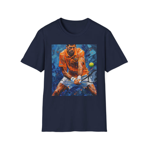Charcoal cotton crew neck T-shirt with vibrant Djokovic painting