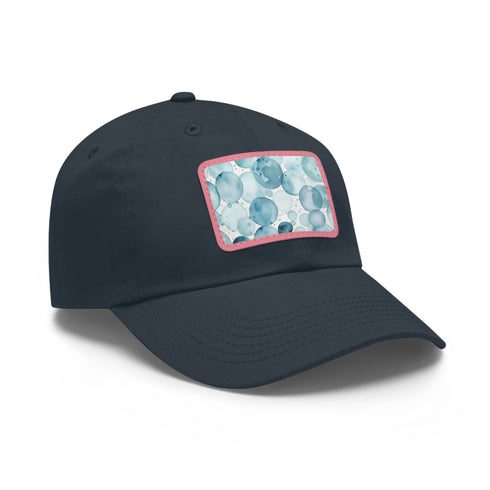 White baseball cap with mesmerizing ice blue water color pattern.