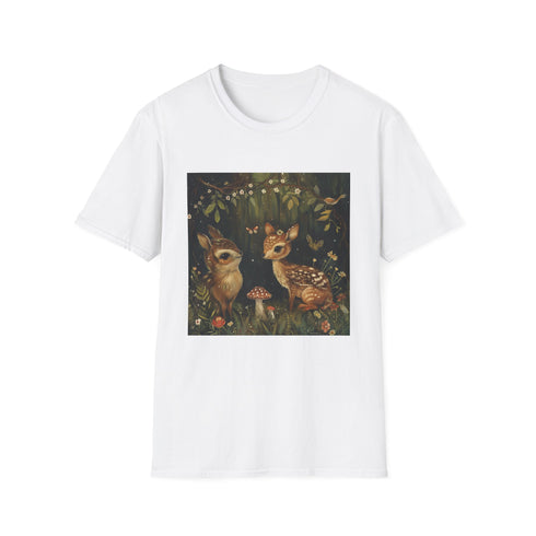 Charcoal cotton t-shirt with woodland animal print featuring fox owl and squirrel