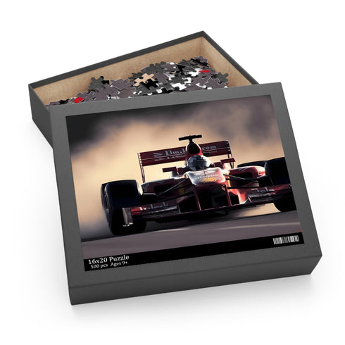F1 racing jigsaw puzzle featuring high-speed cars and intense competition.