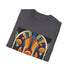 Geometric patterned charcoal cotton t-shirt with vibrant retro art deco designs