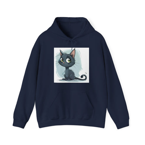 Playful navy cat hoodie with adventurous cartoon cat design.