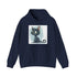 Playful navy cat hoodie with adventurous cartoon cat design.